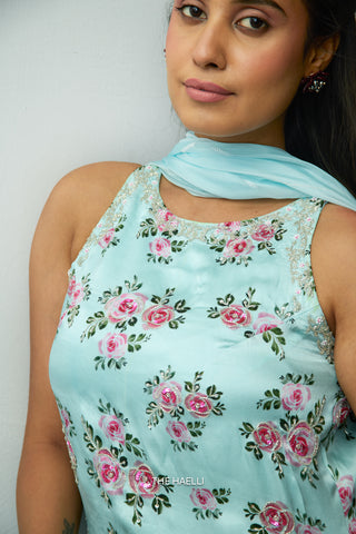 Rosie Blue Satin Silk Kurta Set with Dupatta