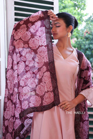 Wild Rose Maroon Organza Silk Dupatta