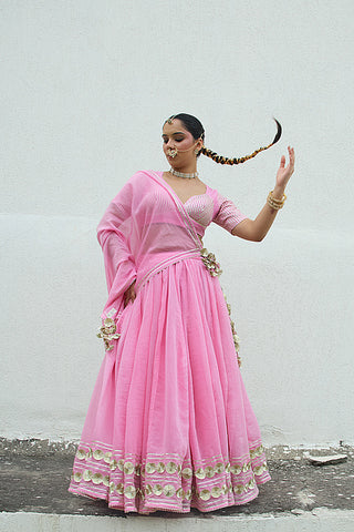 Meena Pink Mul Chanderi Lehenga