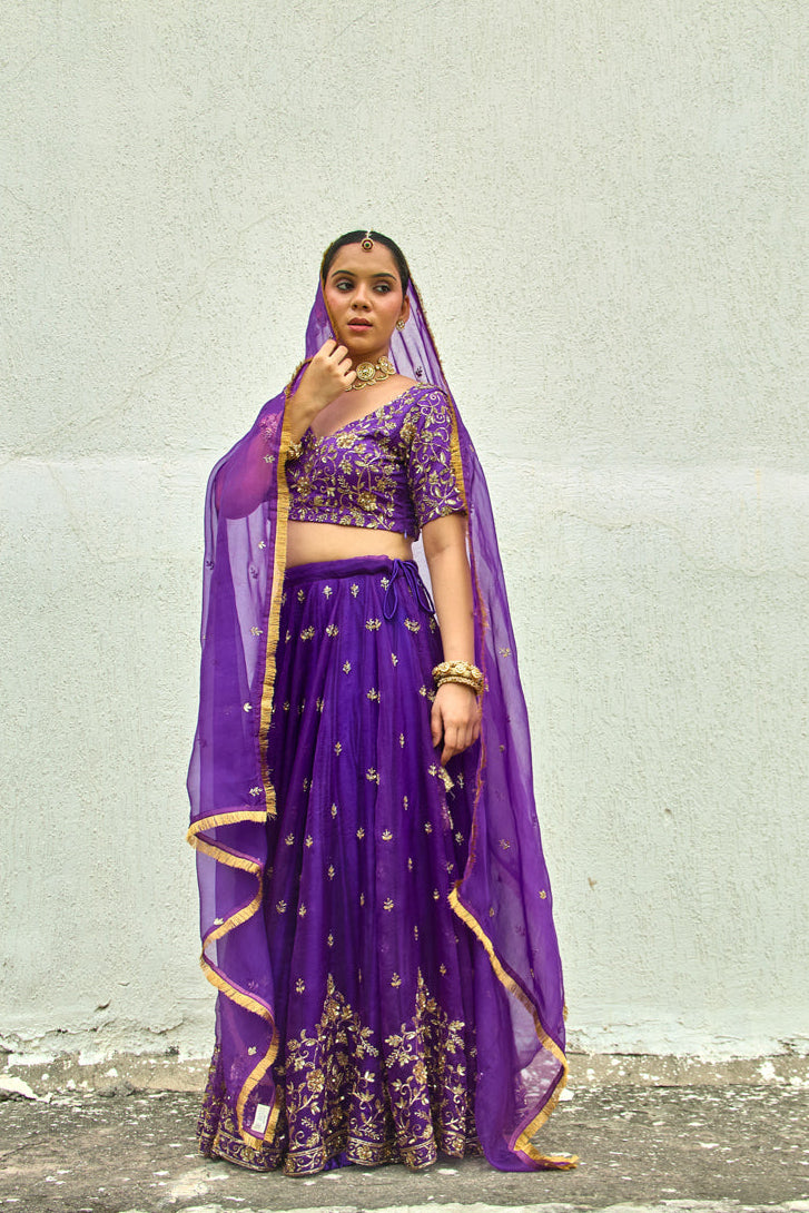 Lekha Purple Organza Silk Lehenga