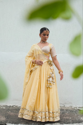 Meena Yellow Mul Chanderi Lehenga