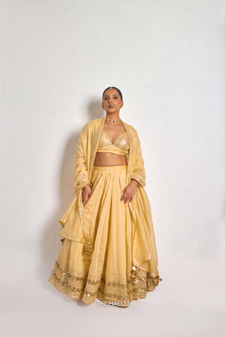 Meena Yellow Mul Chanderi Lehenga