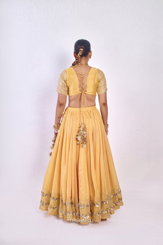 Meena Yellow Mul Chanderi Lehenga