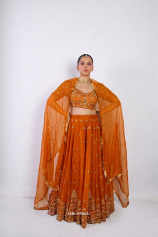 Lekha Orange Organza Silk Lehenga