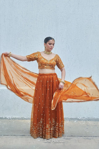 Lekha Orange Organza Silk Lehenga
