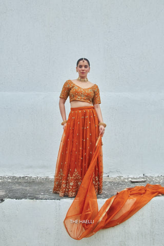 Lekha Orange Organza Silk Lehenga