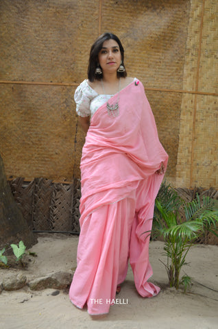 Rose Cotton Saree with brooch