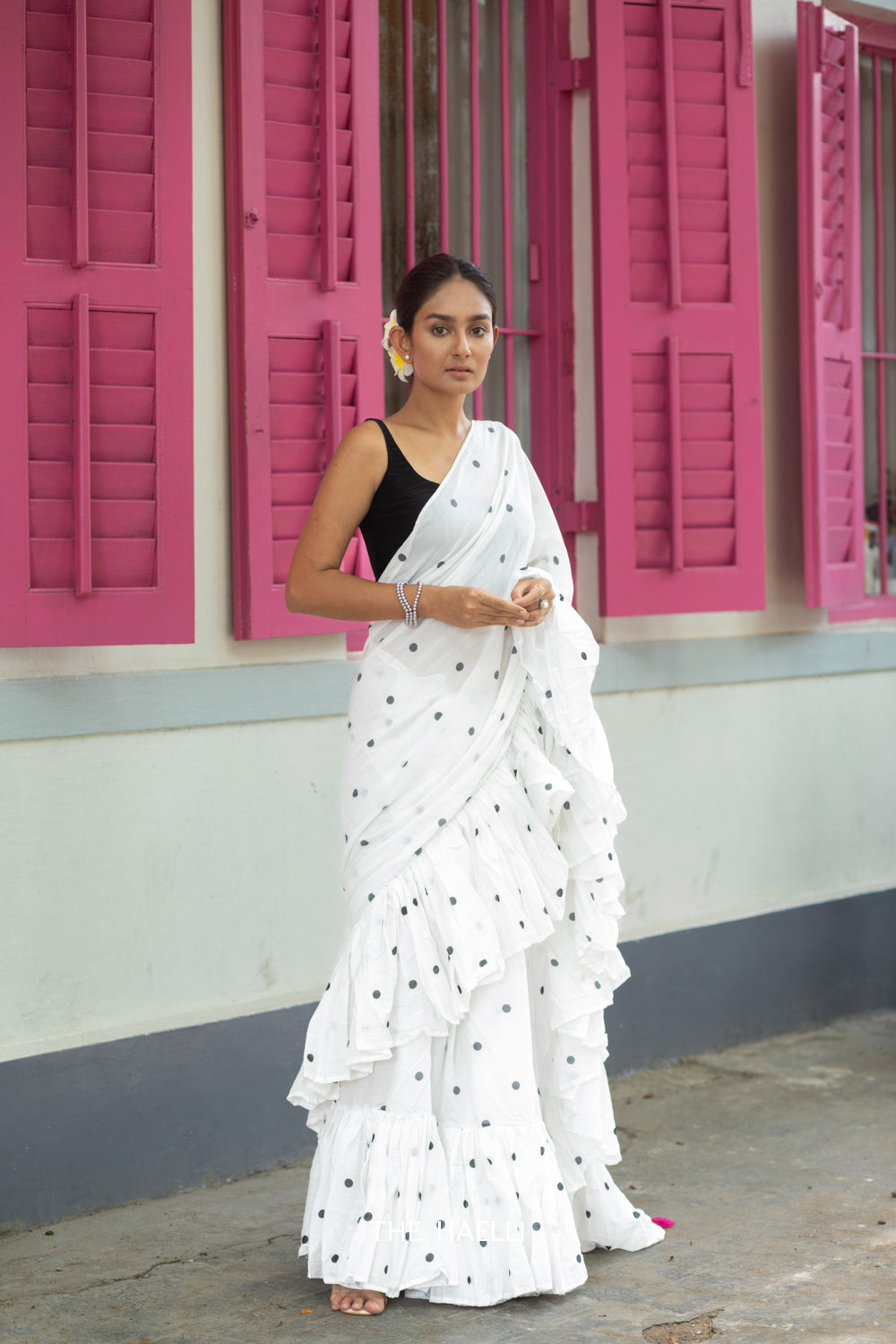 Polka White Ruffle Cotton Saree