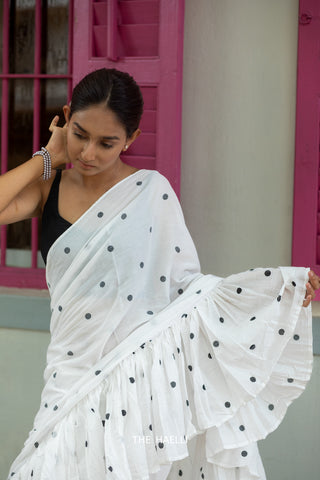 Polka White Ruffle Cotton Saree