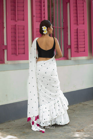 Polka White Ruffle Cotton Saree