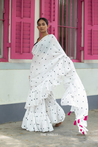 Polka White Ruffle Cotton Saree