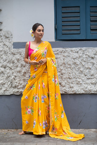 Bageecha Cotton Yellow Saree