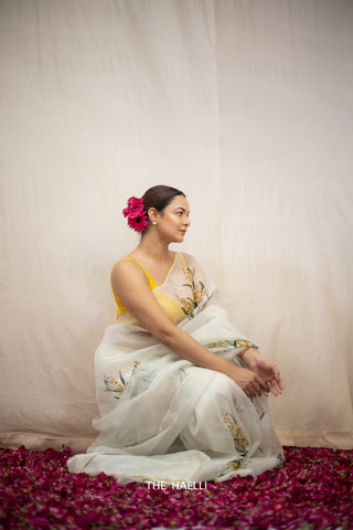 Sufi White with Yellow Organza Silk Saree