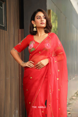 Noor Red Organza Silk Saree