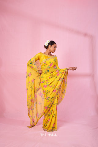 Rumi Yellow Georgette Silk Saree