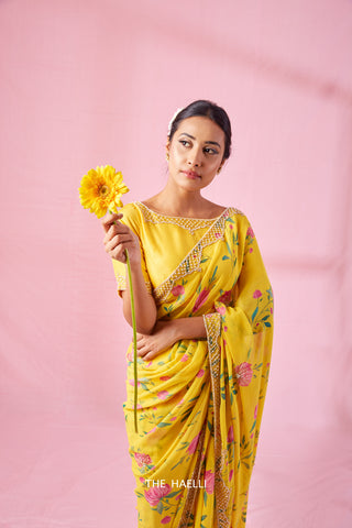 Rumi Yellow Georgette Silk Saree