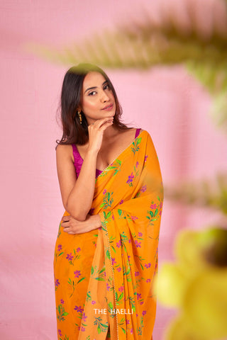 Zoya Orange Georgette Silk Saree