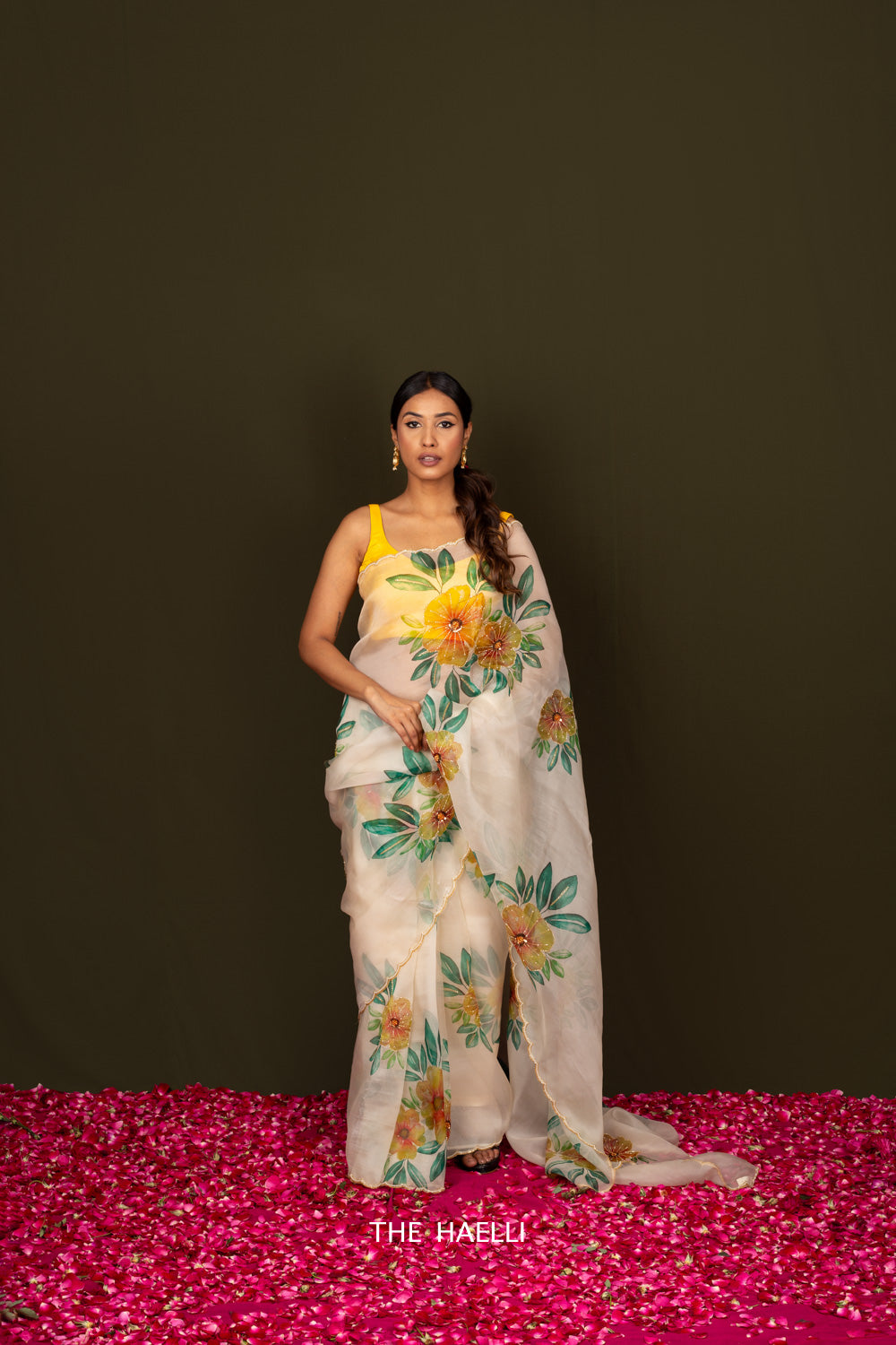 Barkha Cream Organza Silk Saree with Yellow