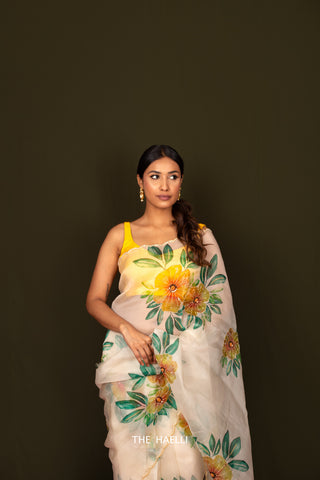 Barkha Cream Organza Silk Saree with Yellow