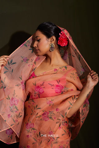 Rumi Peach Organza Silk Saree