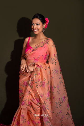 Rumi Peach Organza Silk Saree