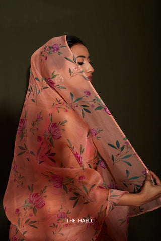 Rumi Peach Organza Silk Saree