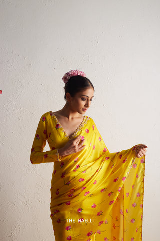 Nadia Yellow Satin Silk Saree