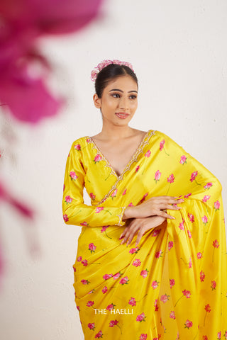 Nadia Yellow Satin Silk Saree