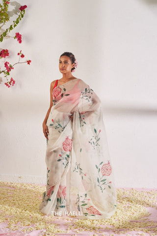 Anaar White Organza Silk Saree