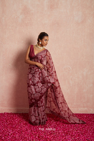 Wild Rose Maroon Organza Saree