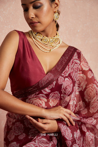 Wild Rose Maroon Organza Saree