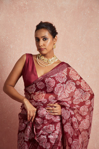 Wild Rose Maroon Organza Saree