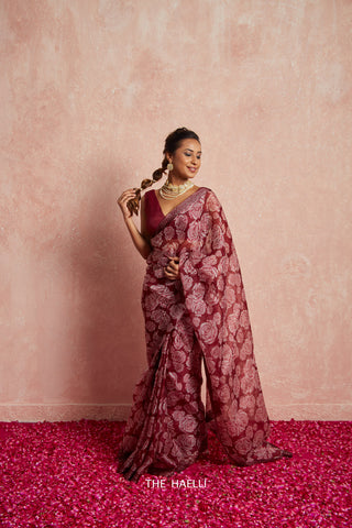 Wild Rose Maroon Organza Saree