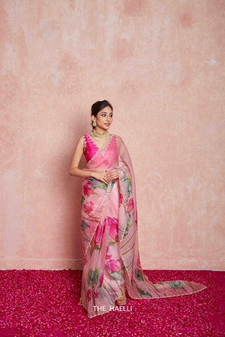 Kumud Pink Organza Silk Saree with Raani