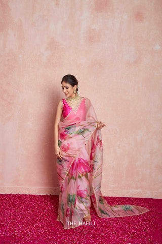 Kumud Pink Organza Silk Saree with Raani