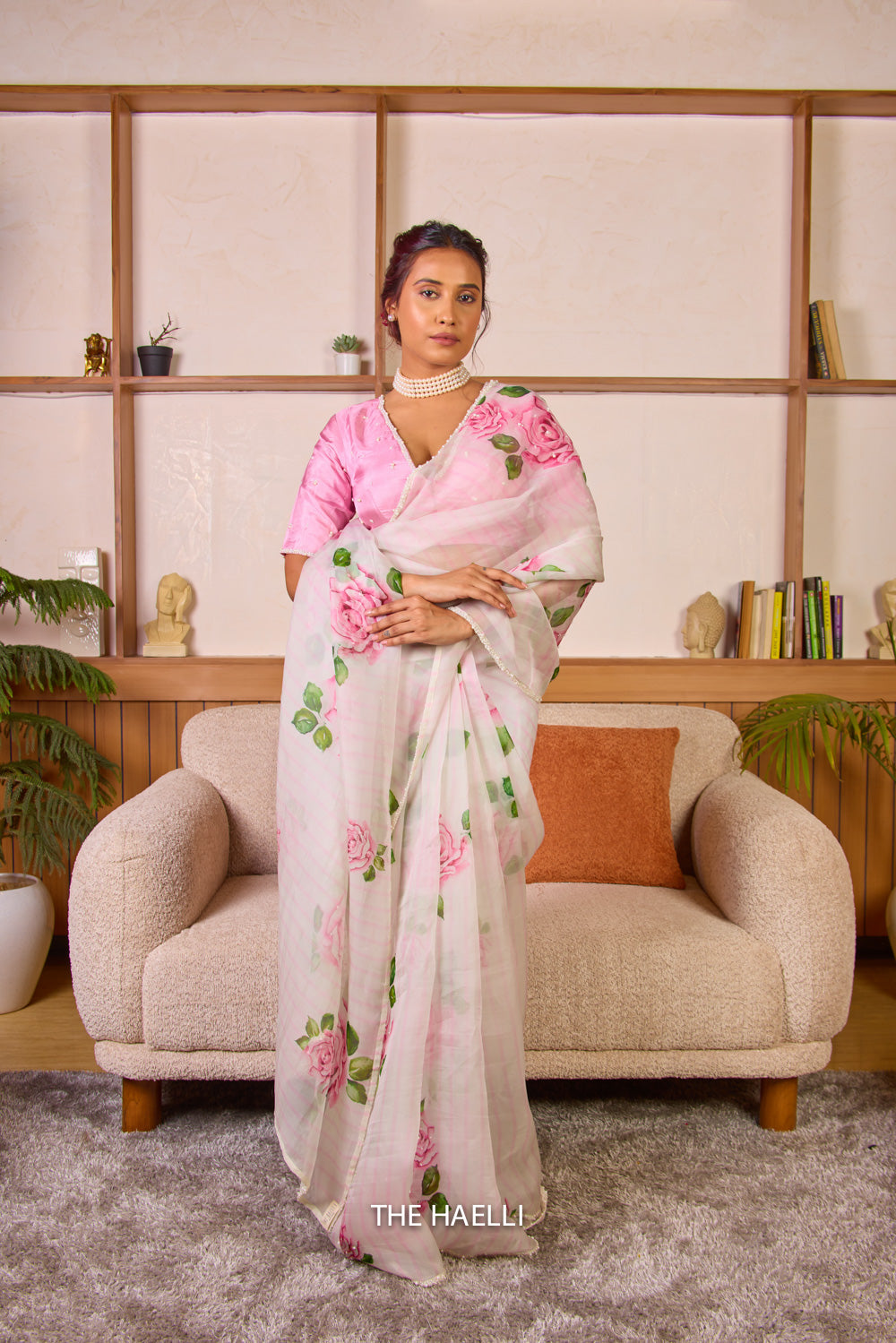 Amira White Organza Silk Saree with Pink