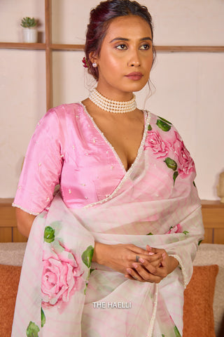 Amira White Organza Silk Saree with Pink