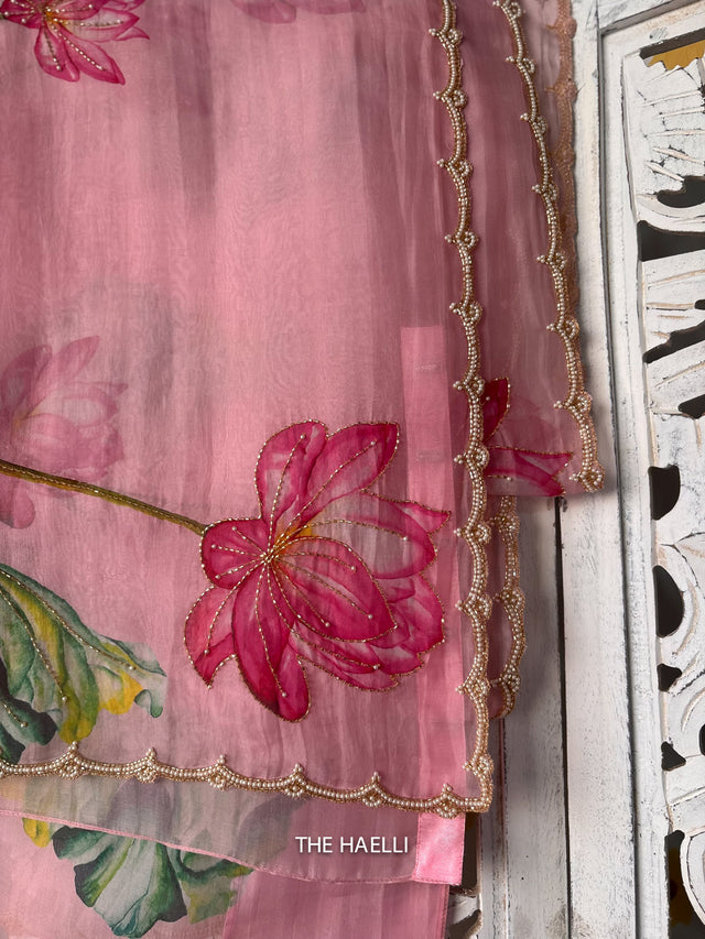 Organza silk saree x light gold zari - Pink x Teal Blue main image 1