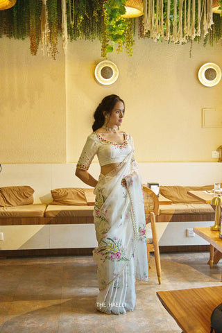 Gul White Organza Saree