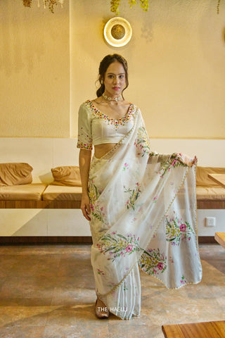 Gul White Organza Saree