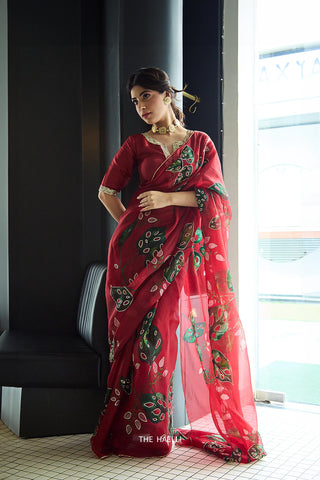 Cham Cham Red Organza Silk Saree