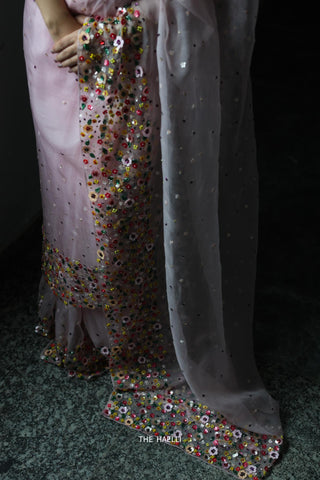 Lily Pink Double Border Organza Saree