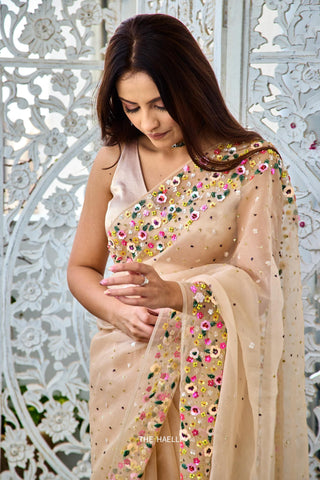 Lily Beige Double Border Organza Saree