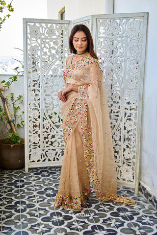 Lily Beige Double Border Organza Saree