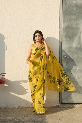 Cham Cham Yellow Organza Silk Saree