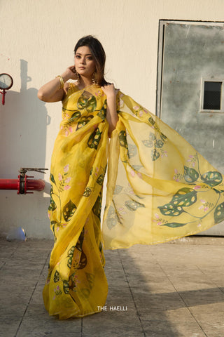 Cham Cham Yellow Organza Silk Saree