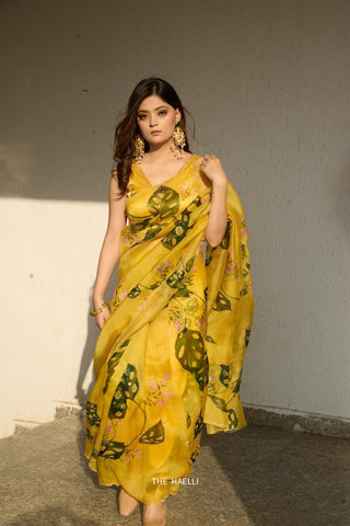 Cham Cham Yellow Organza Silk Saree