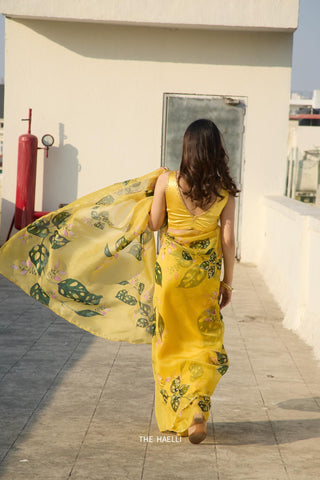 Cham Cham Yellow Organza Silk Saree