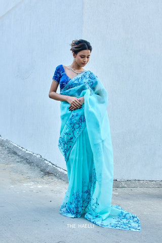 Jaal Cyan Organza Saree