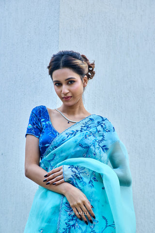 Jaal Cyan Organza Saree